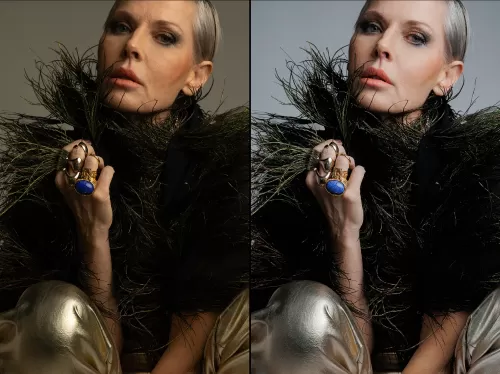 Стильный женский портрет в перьях и золотых брюках для модной студийной съемки с акцентом на ювелирные украшения